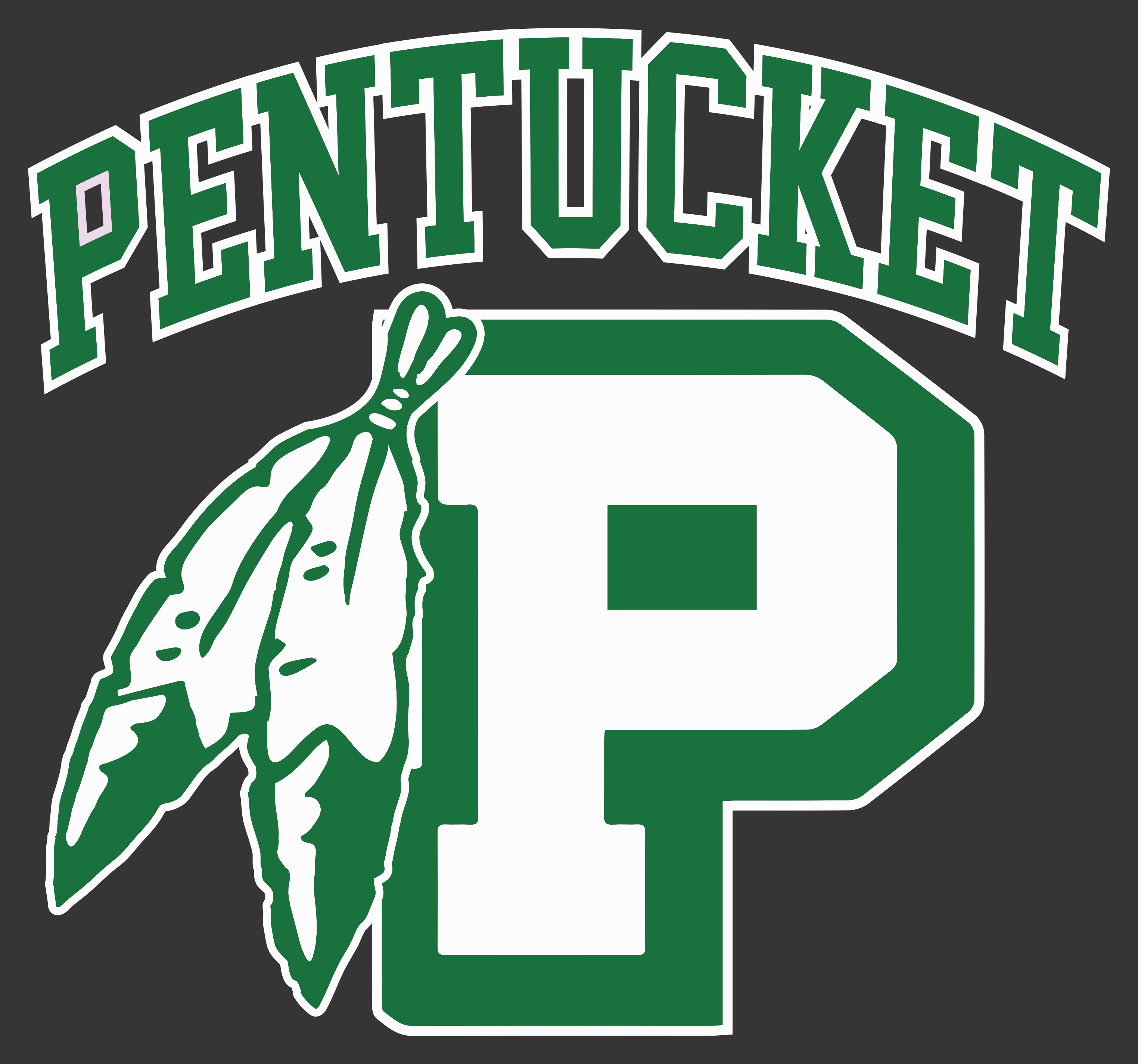 Pentucket P with Feathers and Text Print Design